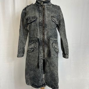 Gray Acid Washed Denim Zip Up Trench Coat Jacket